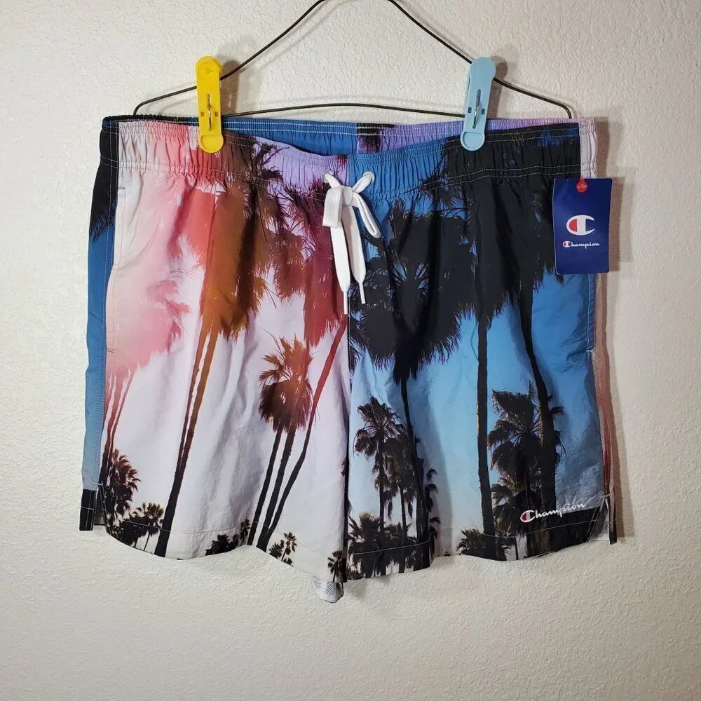 Champion Mens Large Swim Trunks Palm Tree Print Shorts With Drawstring Waist